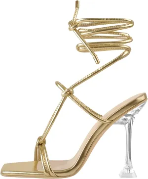 LISHAN Women's Square Open Toe High Heel Lace Up Sandals