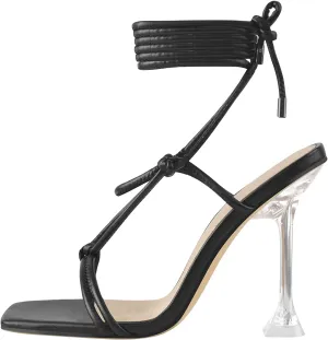 LISHAN Women's Square Open Toe High Heel Lace Up Sandals