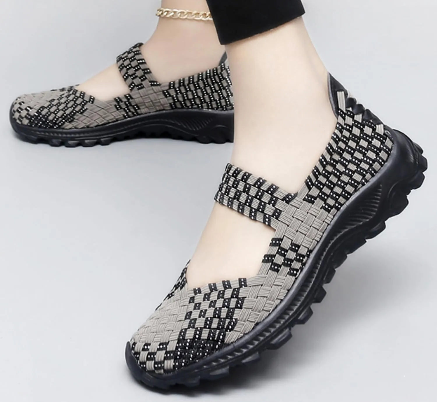 LLTMALL Women's Woven Mary Jane Flats - Stretch Elastic Slip-On Loafers | Breathable Comfort Sneakers for Walking & Casual Wear
