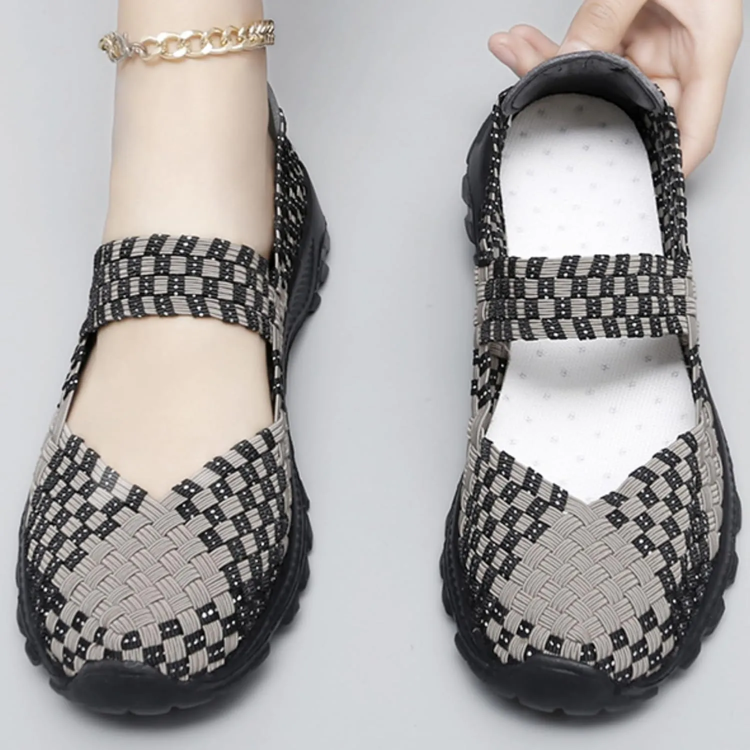 LLTMALL Women's Woven Mary Jane Flats - Stretch Elastic Slip-On Loafers | Breathable Comfort Sneakers for Walking & Casual Wear