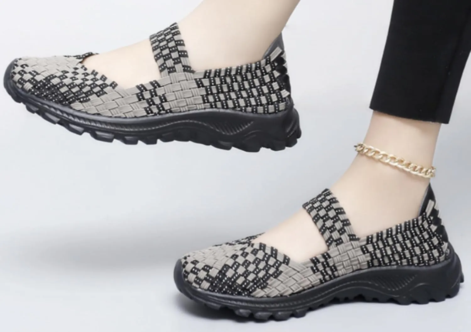 LLTMALL Women's Woven Mary Jane Flats - Stretch Elastic Slip-On Loafers | Breathable Comfort Sneakers for Walking & Casual Wear
