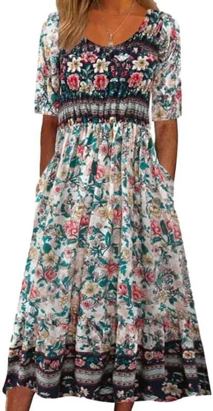 LOAIHA Women's Bohemian Floral Printed Maxi Dress Colorful Summer Casual Loose Flowy Dresses with Pockets