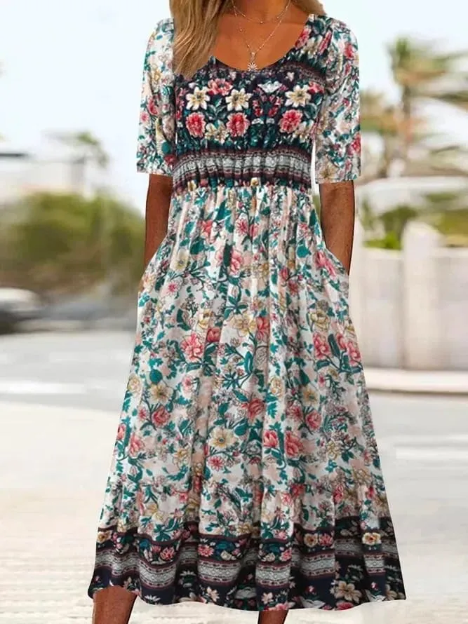 LOAIHA Women's Bohemian Floral Printed Maxi Dress Colorful Summer Casual Loose Flowy Dresses with Pockets