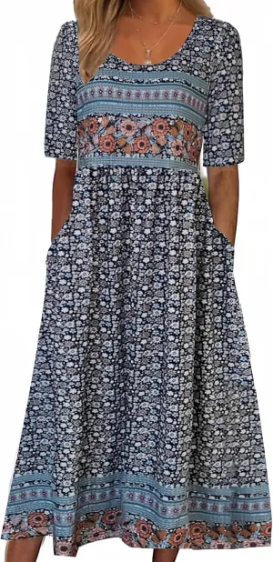 LOAIHA Women's Bohemian Floral Printed Maxi Dress Colorful Summer Casual Loose Flowy Dresses with Pockets