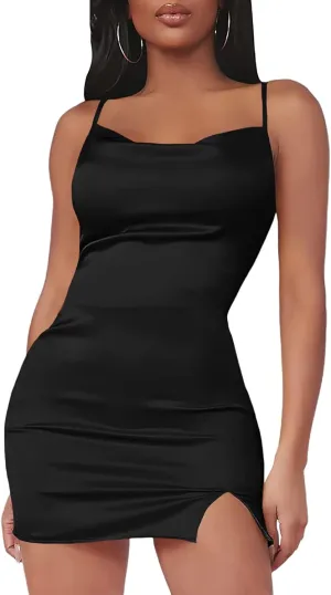 LYANER Women's Satin Silk Spaghetti Strap Slit Bodycon Sleeveless Mini Dress