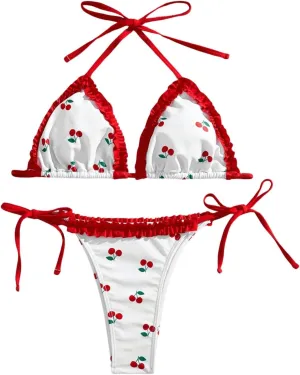 MakeMeChic Women's 2 Piece Bikini Set Cherry Halter Backless Ruffle String Cute Bathing Suit