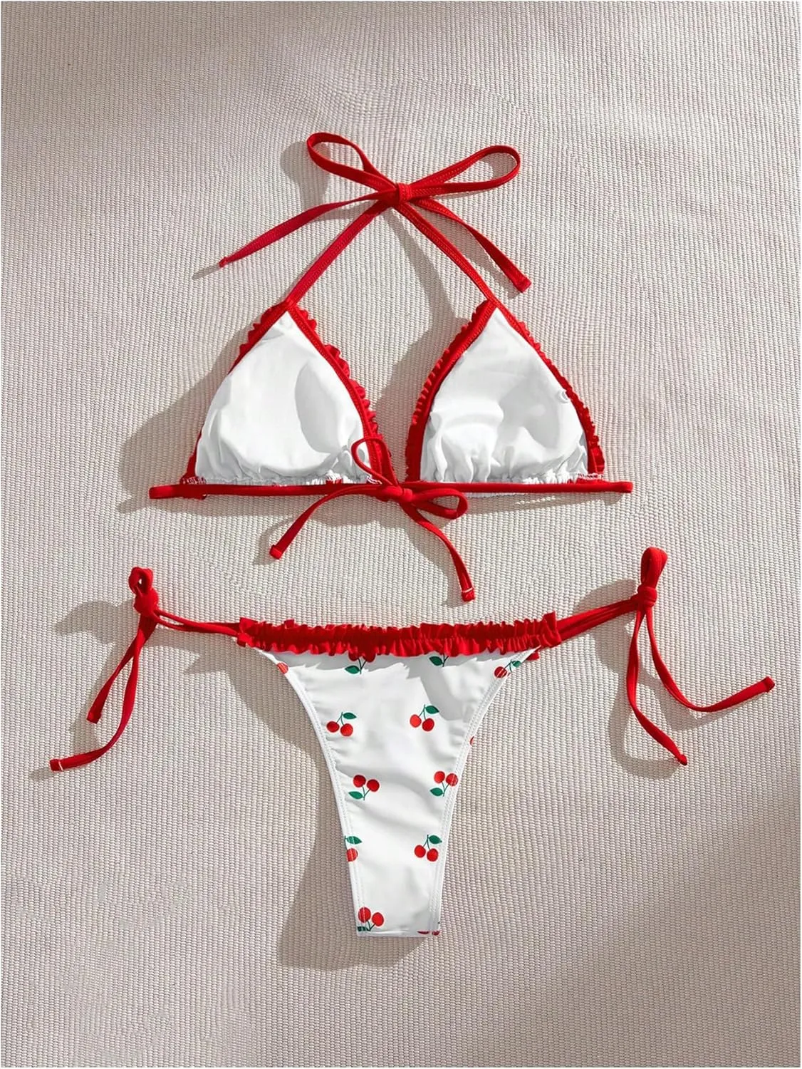 MakeMeChic Women's 2 Piece Bikini Set Cherry Halter Backless Ruffle String Cute Bathing Suit