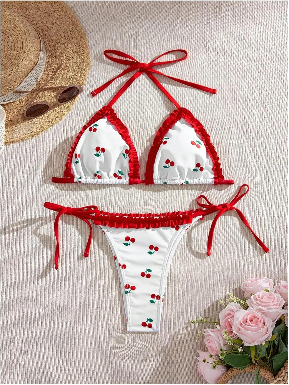 MakeMeChic Women's 2 Piece Bikini Set Cherry Halter Backless Ruffle String Cute Bathing Suit