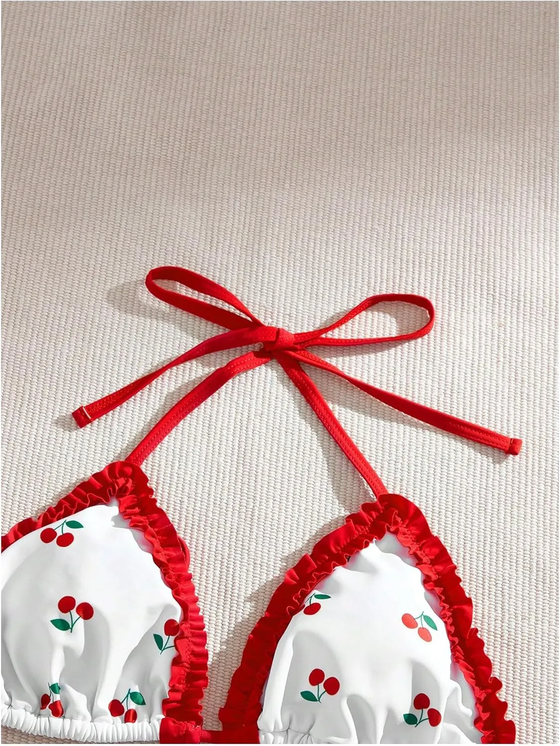 MakeMeChic Women's 2 Piece Bikini Set Cherry Halter Backless Ruffle String Cute Bathing Suit