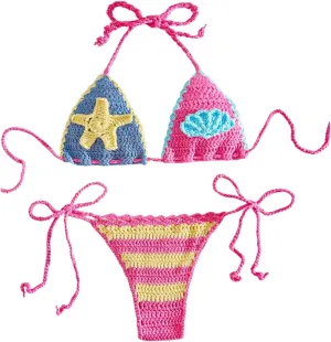 MakeMeChic Women's Bikini Sets Crochet 3D Floral Halter Tie Back Boho Bathing Suit