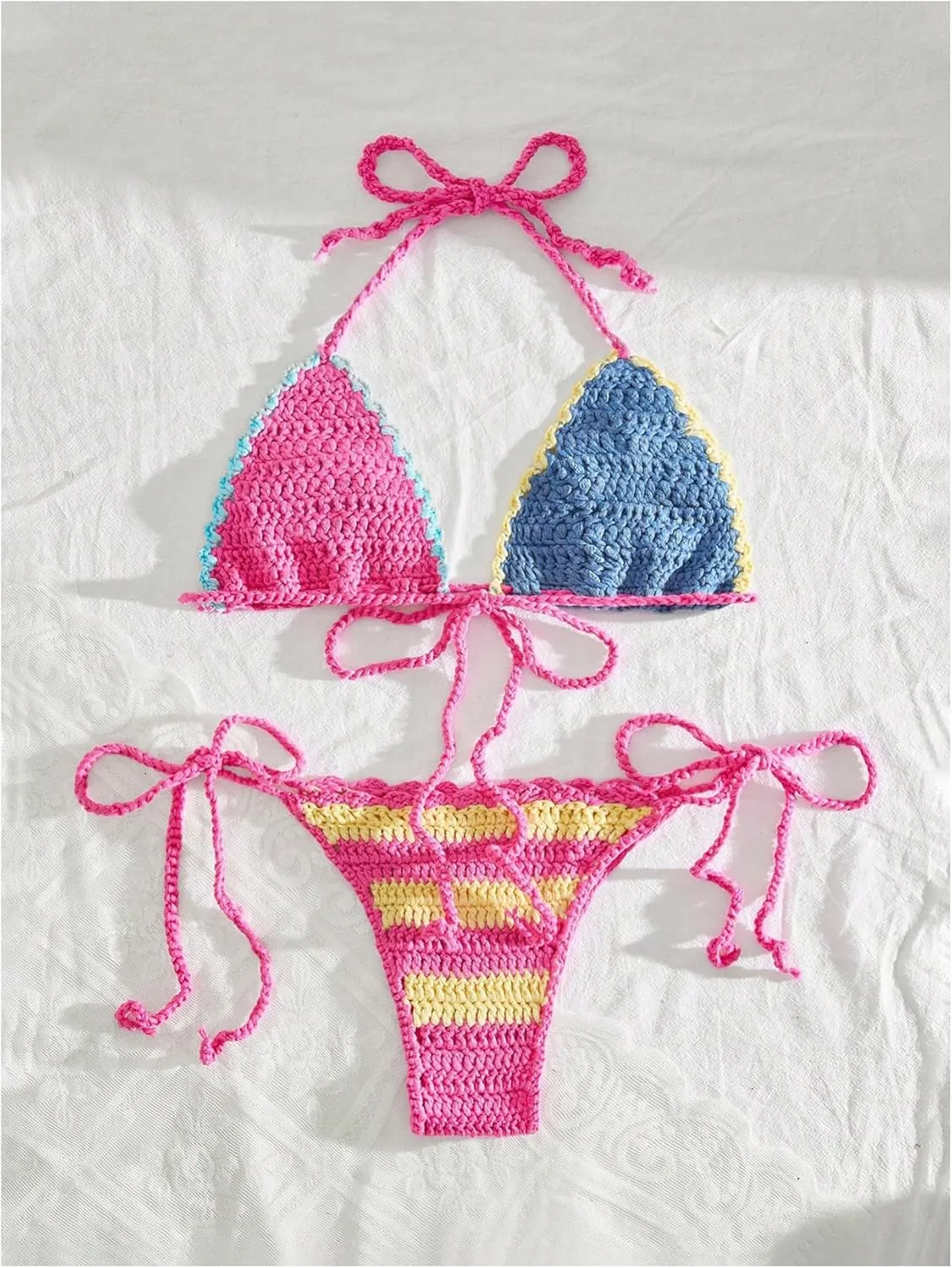 MakeMeChic Women's Bikini Sets Crochet 3D Floral Halter Tie Back Boho Bathing Suit