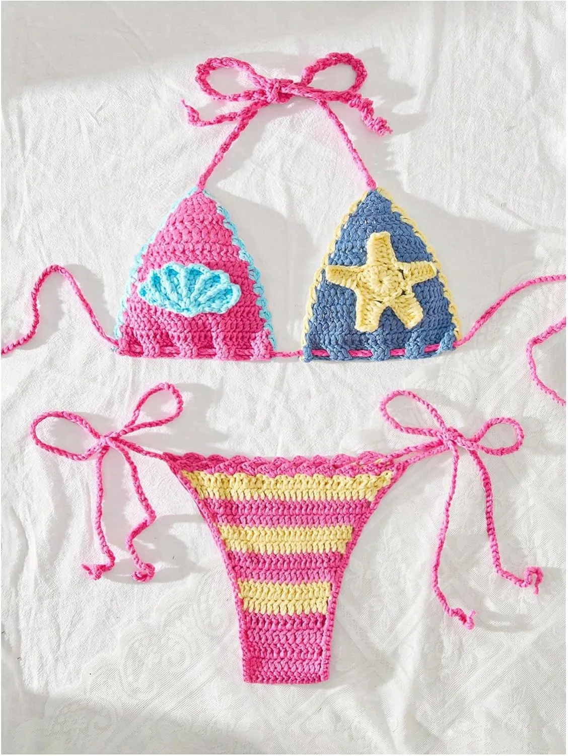 MakeMeChic Women's Bikini Sets Crochet 3D Floral Halter Tie Back Boho Bathing Suit