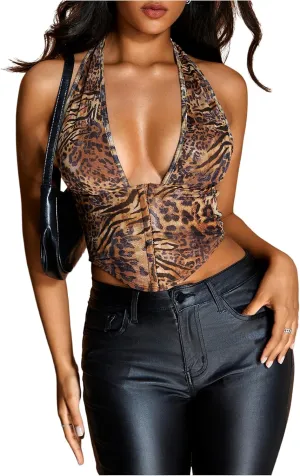 MakeMeChic Women's Cheetah Print Top Halter Corset Top Sexy Deep V Neck Going Out Tops