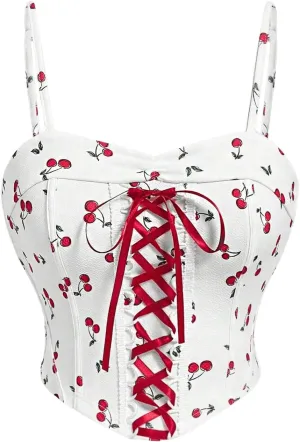 MakeMeChic Women's Cherry Spaghetti Strap Lace Up Camisole Top Sleeveless Summer Bustier Crop Tops