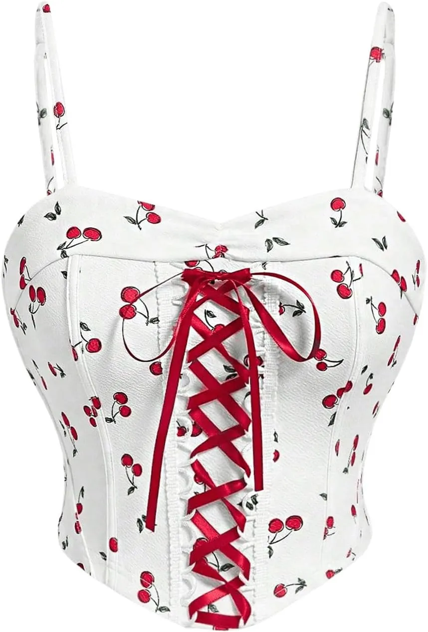 MakeMeChic Women's Cherry Spaghetti Strap Lace Up Camisole Top Sleeveless Summer Bustier Crop Tops