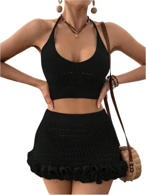 MakeMeChic Women's Crochet Cover Up Halter Crop Tops and Ruffle Skirt Swimwear Bathing Suit