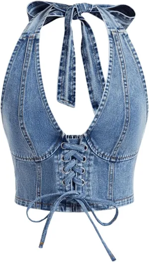 MakeMeChic Women's Denim Top Lace Up Sleeveless Halter V Neck Backless Y2K Denim Crop Top Vest