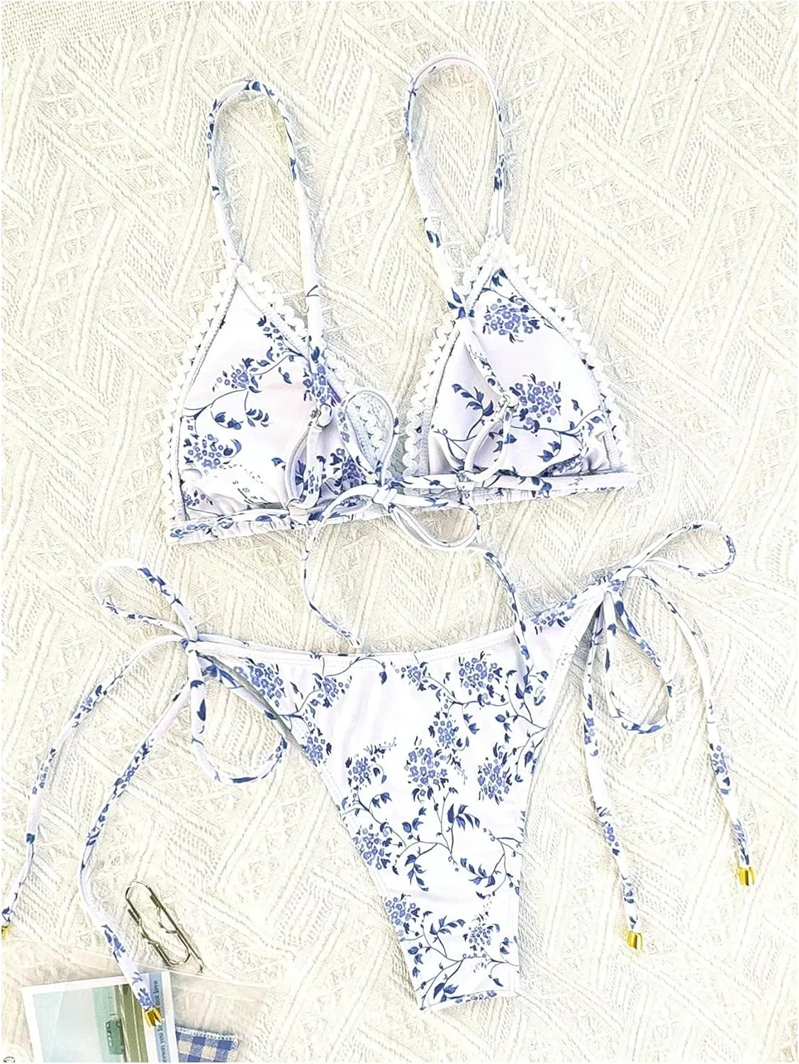MakeMeChic Women's Floral Bikini Sets Triangle Backless Tie Side Swimwear 2 Piece Bathing Suit