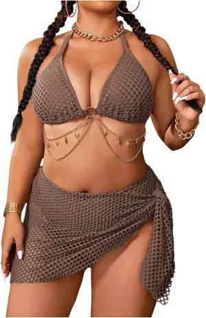 MakeMeChic Women's Plus Size 3 Piece Bikini Sets Halter Triangle Tie Back Ring Hollow Out Swimsuit with Cover Up Skirt