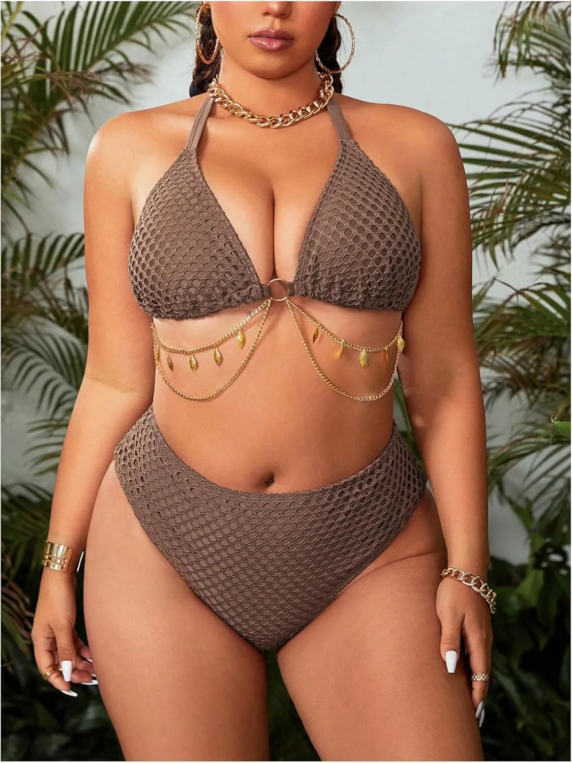 MakeMeChic Women's Plus Size 3 Piece Bikini Sets Halter Triangle Tie Back Ring Hollow Out Swimsuit with Cover Up Skirt