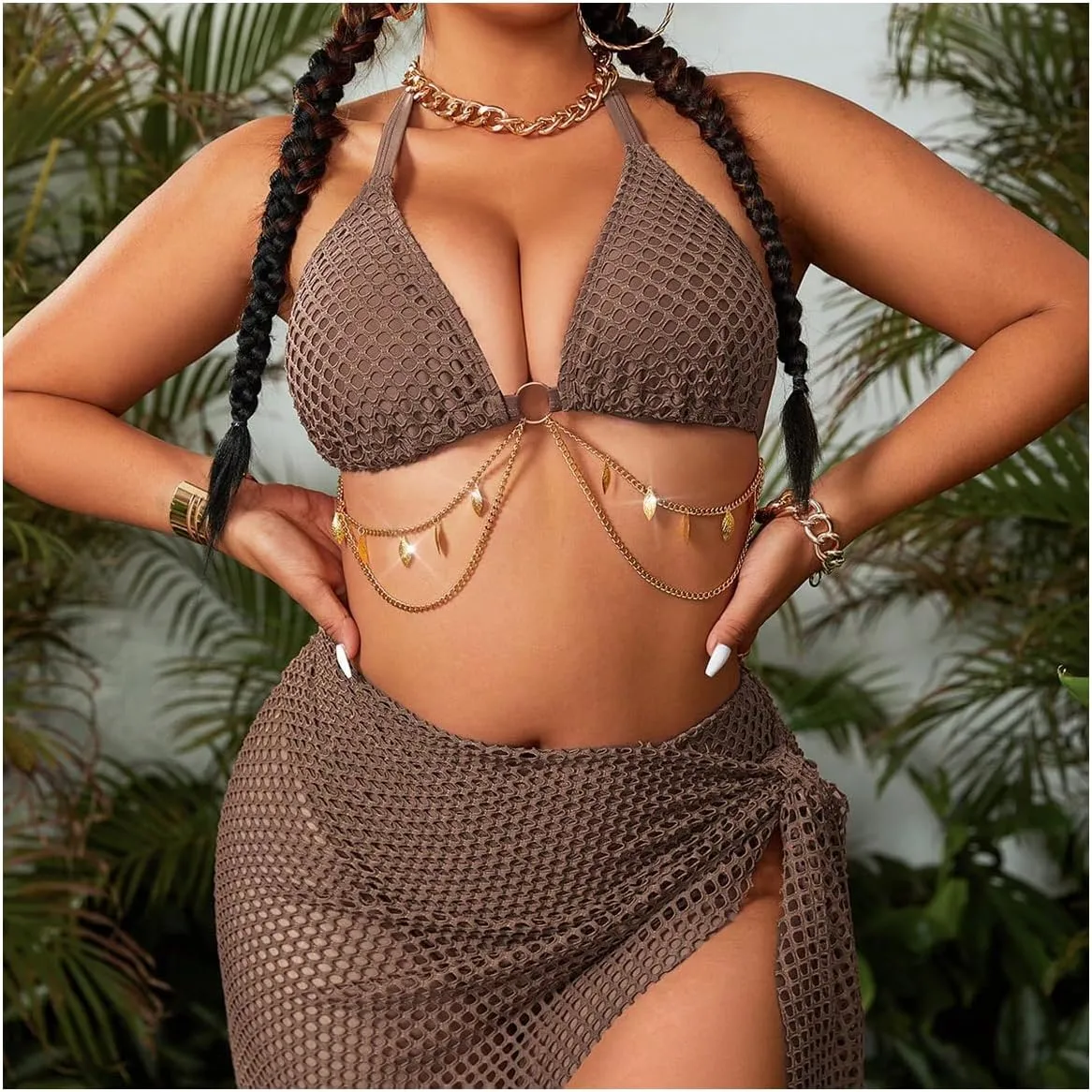 MakeMeChic Women's Plus Size 3 Piece Bikini Sets Halter Triangle Tie Back Ring Hollow Out Swimsuit with Cover Up Skirt