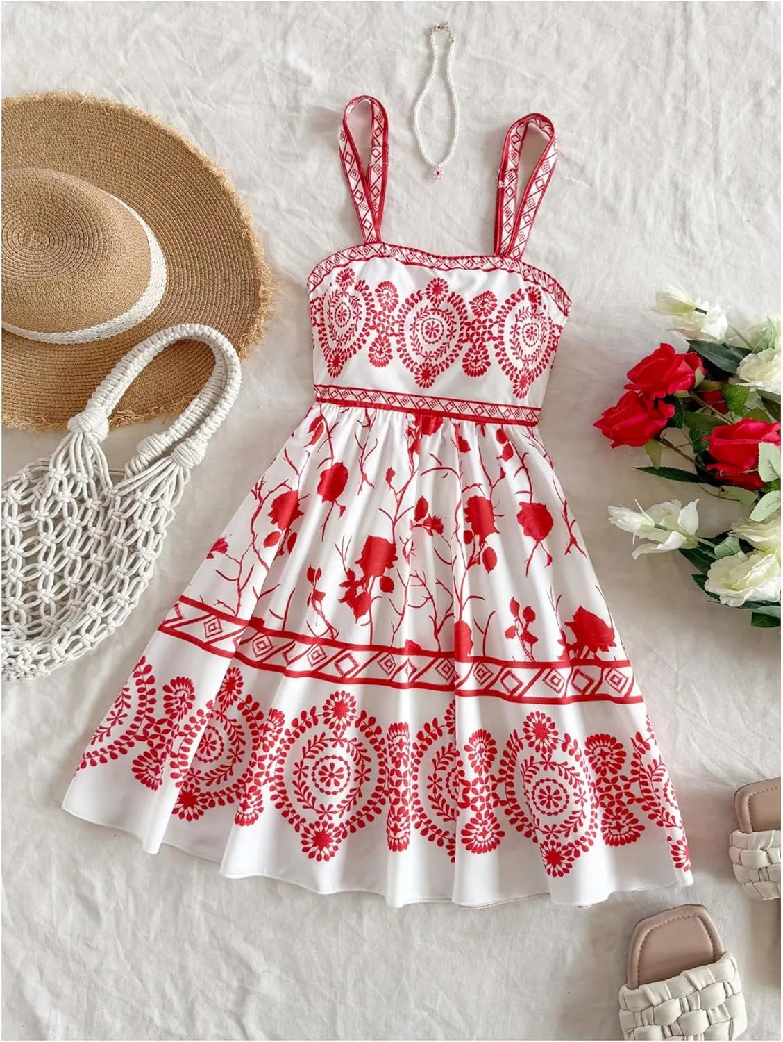 MakeMeChic Women's Summer Tribal Print Cami Dress Sleeveless A Line Flare Mini Dresses Boho Sundress