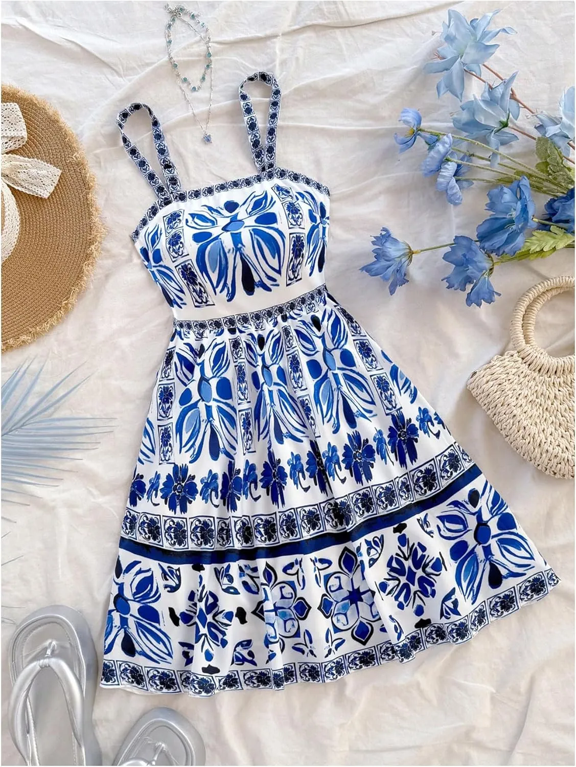 MakeMeChic Women's Summer Tribal Print Cami Dress Sleeveless A Line Flare Mini Dresses Boho Sundress