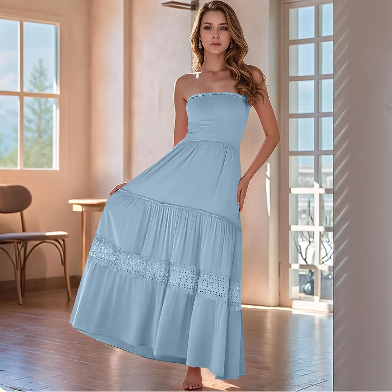 Maxi Dresses for Women 2025 Summer Boho Strapless Long Dresses Trendy Off Shoulder Smocked Lace Trim Maxi Dress 2025