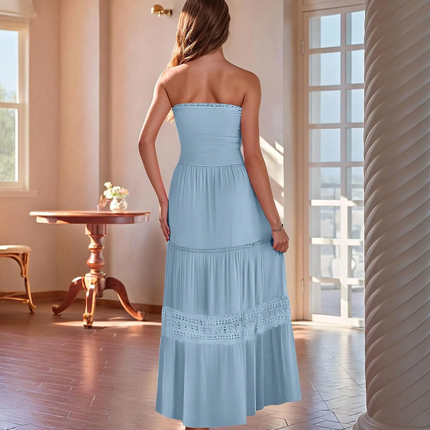 Maxi Dresses for Women 2025 Summer Boho Strapless Long Dresses Trendy Off Shoulder Smocked Lace Trim Maxi Dress 2025