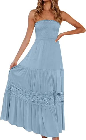 Maxi Dresses for Women 2025 Summer Boho Strapless Long Dresses Trendy Off Shoulder Smocked Lace Trim Maxi Dress 2025
