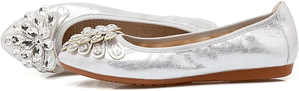 Meeshine Womens Foldable Soft Pointed Toe Ballet Flats Rhinestone Comfort Slip on Flat Shoes