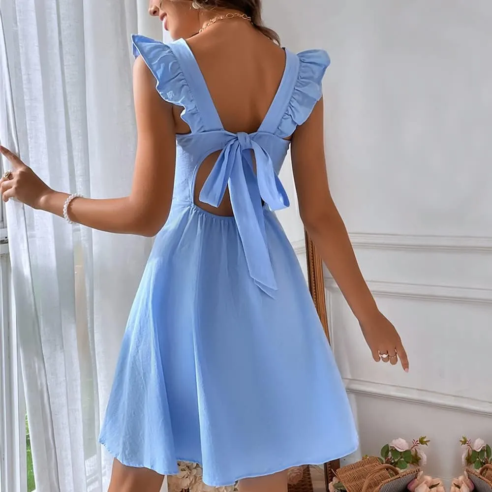 Melliflo Women's Rural Halter Dress Bow Pleated Sleeveless Mini Dress Elegant Commuting Vacation Beach Homecoming Dresses