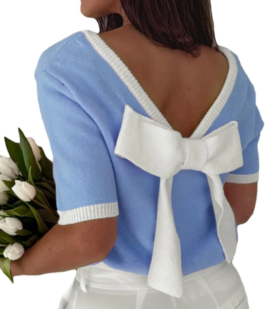 Melliflo Women's Y2k Back Big Bow Colorblock Tops Backless Short Sleeve Knit Sweater Summer Trendy Crew Neck Tunic Sweater