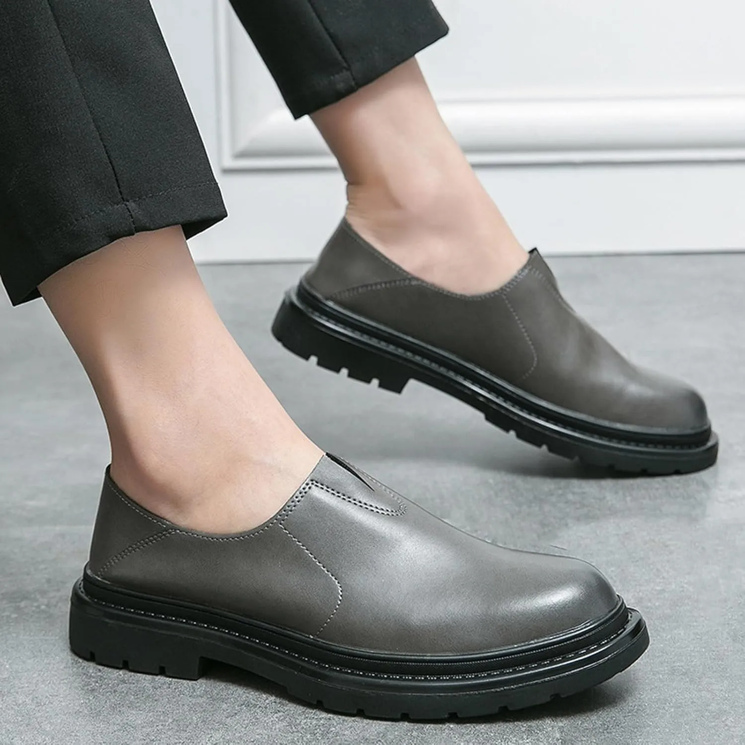 Men's Chunky Heel Lug Sole Slip-on Loafers,Comfort Soft Moccasin Lightweight Driving Walking Penny Shoes Casual Dressy Office Work Shoes