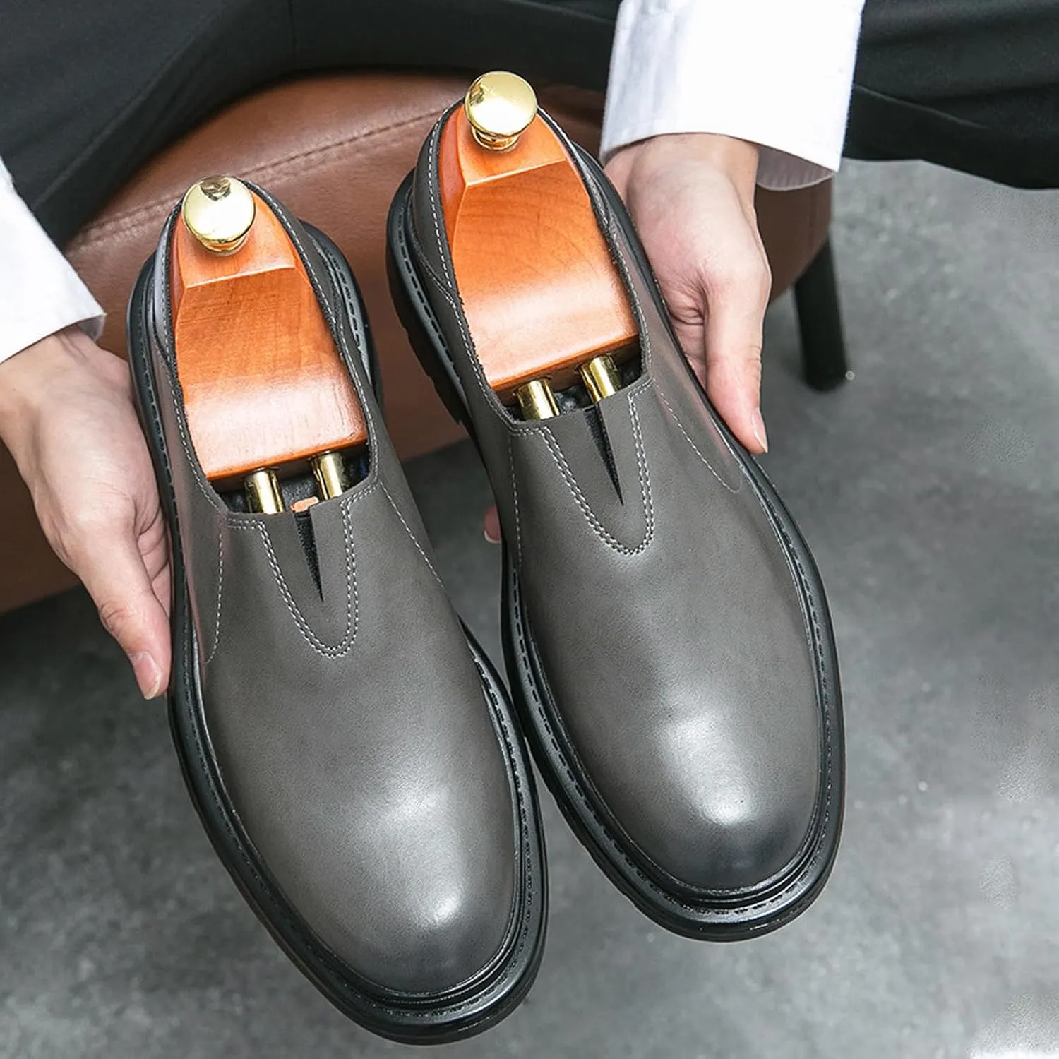 Men's Chunky Heel Lug Sole Slip-on Loafers,Comfort Soft Moccasin Lightweight Driving Walking Penny Shoes Casual Dressy Office Work Shoes