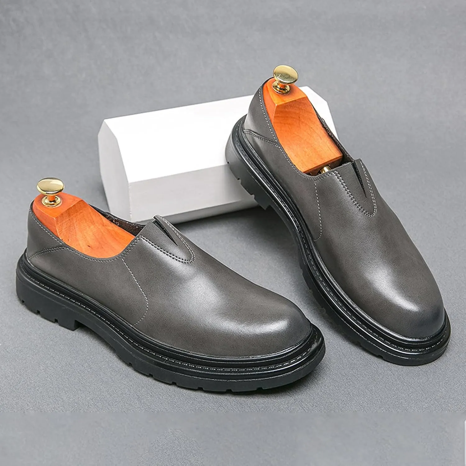 Men's Chunky Heel Lug Sole Slip-on Loafers,Comfort Soft Moccasin Lightweight Driving Walking Penny Shoes Casual Dressy Office Work Shoes