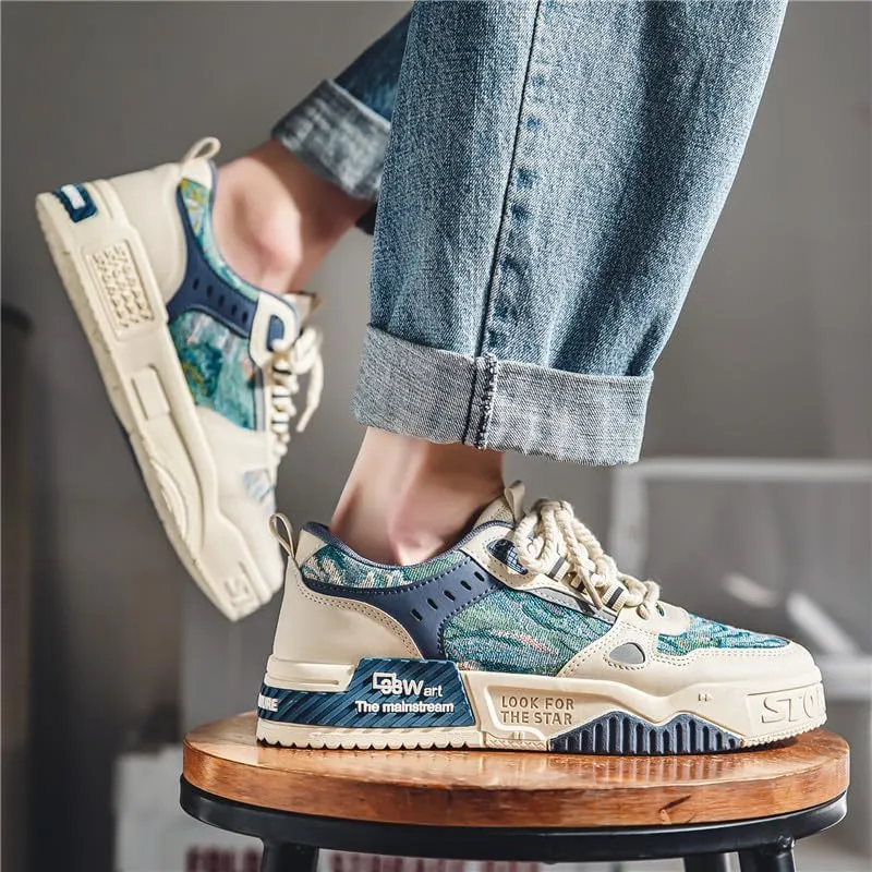 Men's Fashion Streetwear Thick-Soled Skateboarding Sneakers Comfortable Breathable Height Increasing Non-Slip Durable Lace-Up Sneakers for Outdoor Activities Shoes Size 6.5-10