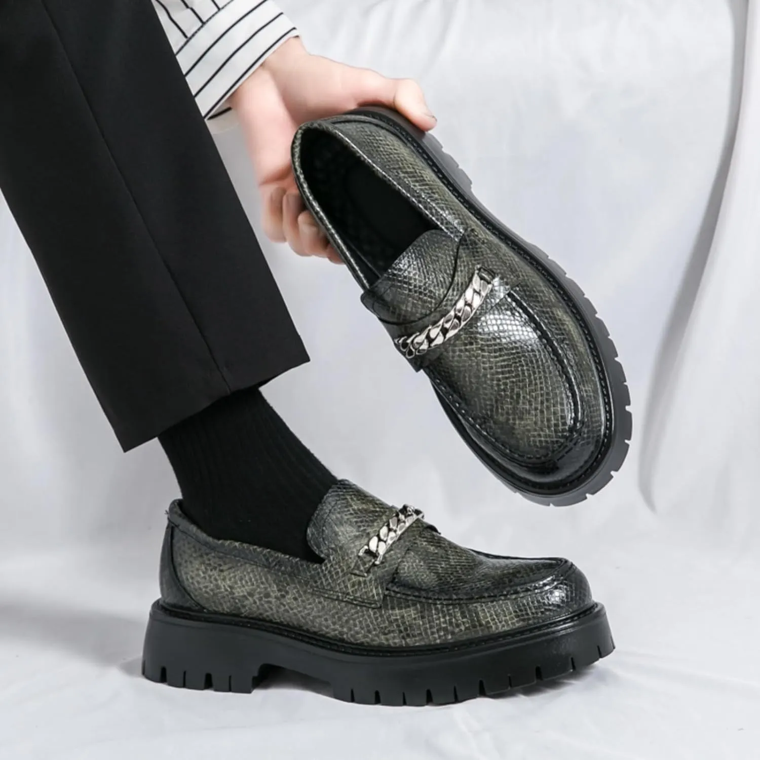Men's Fashion Textured Leather Lug Sole Platform Comfort Slip - On Loafers Dress Shoes