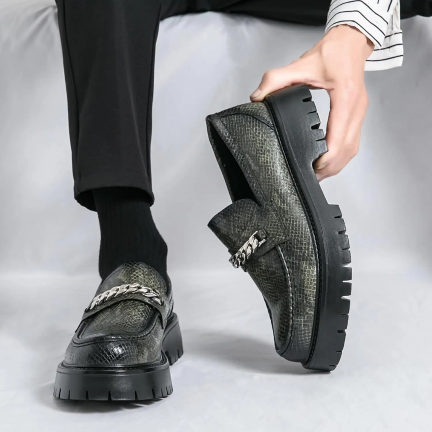 Men's Fashion Textured Leather Lug Sole Platform Comfort Slip - On Loafers Dress Shoes