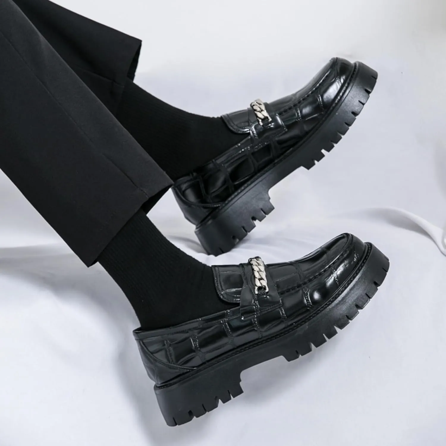 Men's Fashion Textured Leather Lug Sole Platform Comfort Slip - On Loafers Dress Shoes