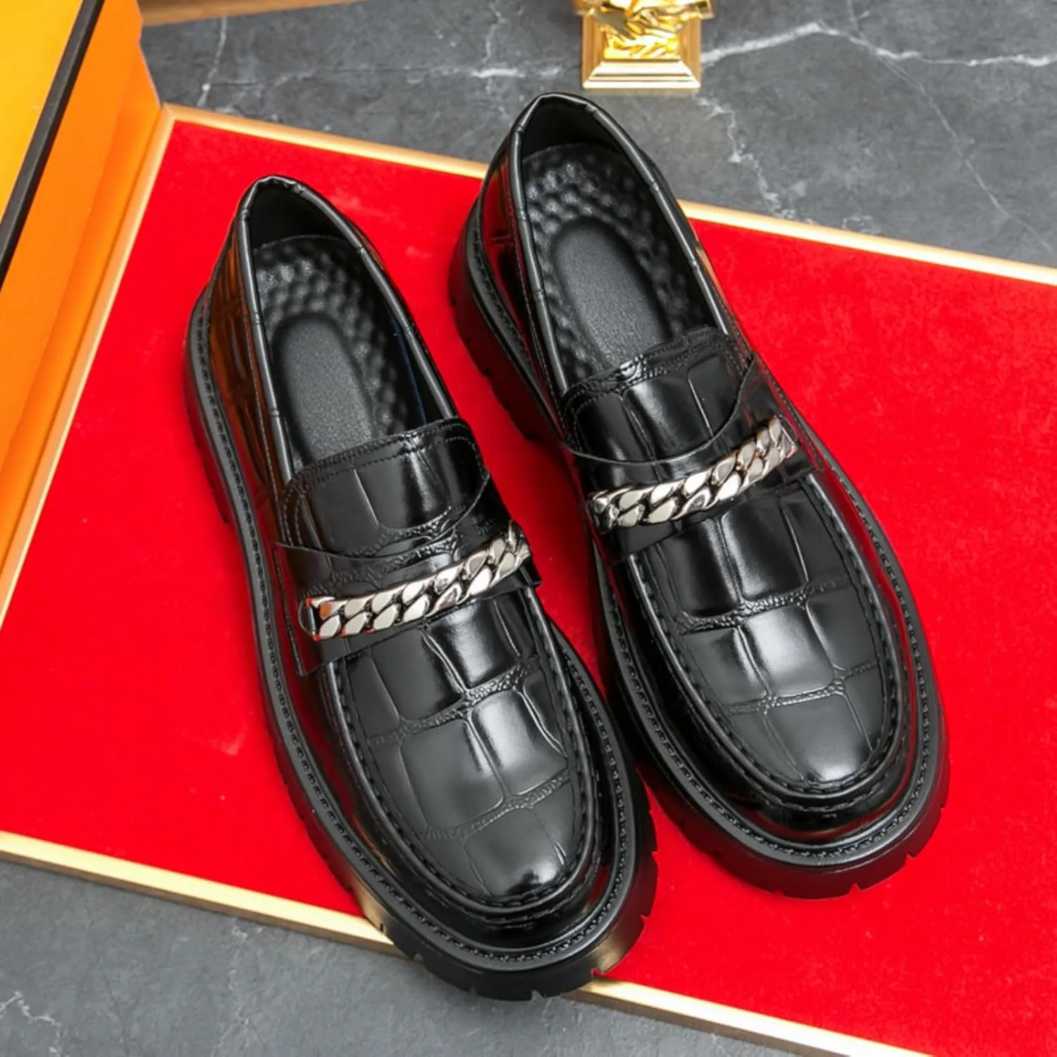 Men's Fashion Textured Leather Lug Sole Platform Comfort Slip - On Loafers Dress Shoes