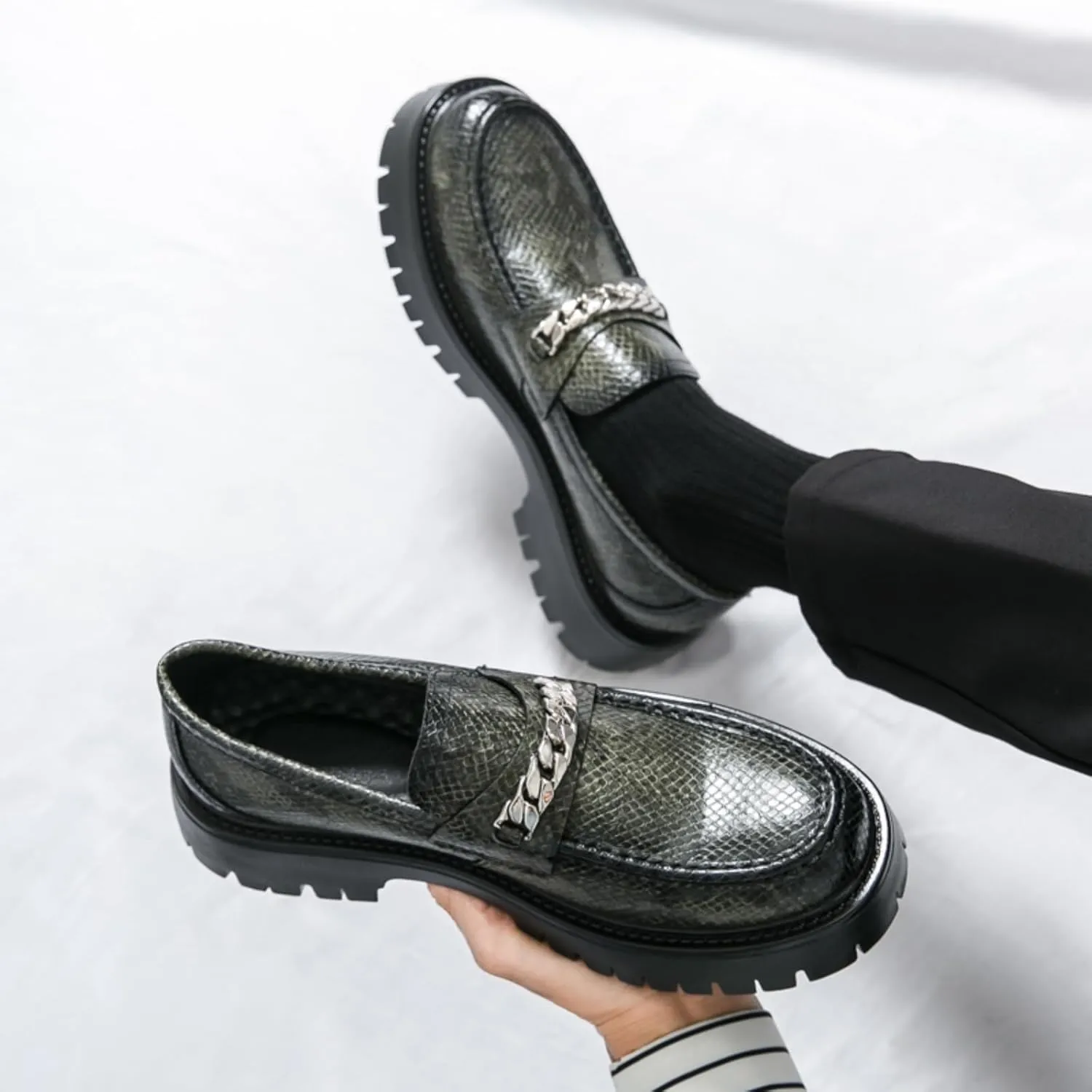Men's Fashion Textured Leather Lug Sole Platform Comfort Slip - On Loafers Dress Shoes