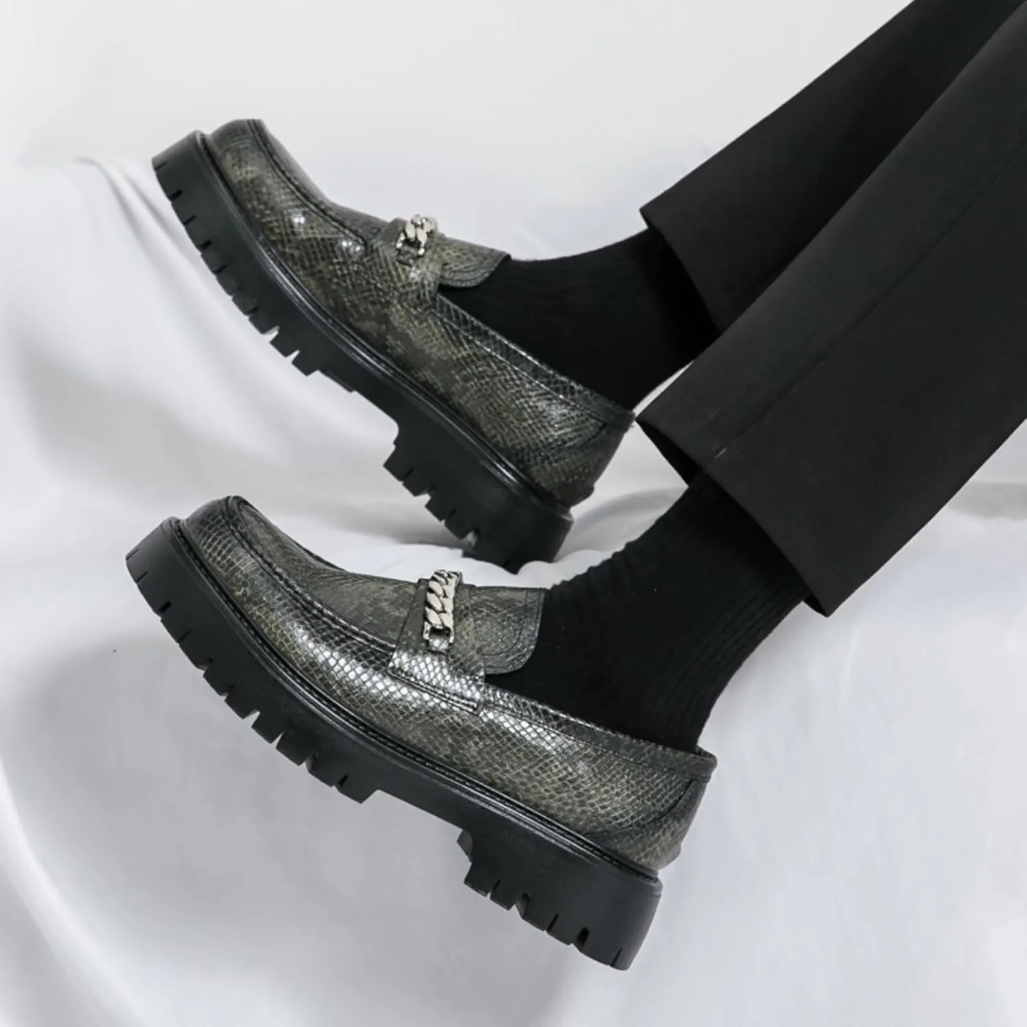 Men's Fashion Textured Leather Lug Sole Platform Comfort Slip - On Loafers Dress Shoes