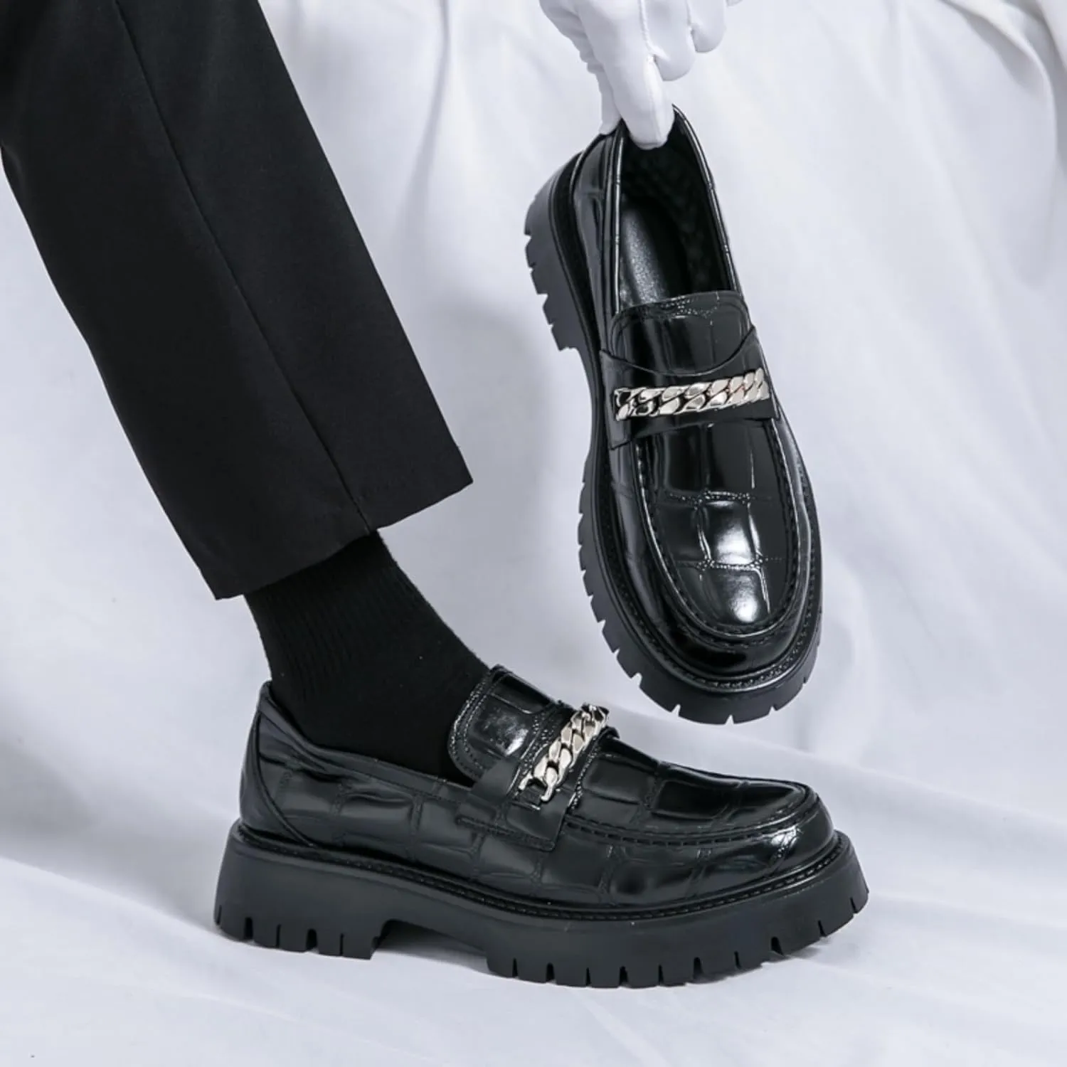 Men's Fashion Textured Leather Lug Sole Platform Comfort Slip - On Loafers Dress Shoes