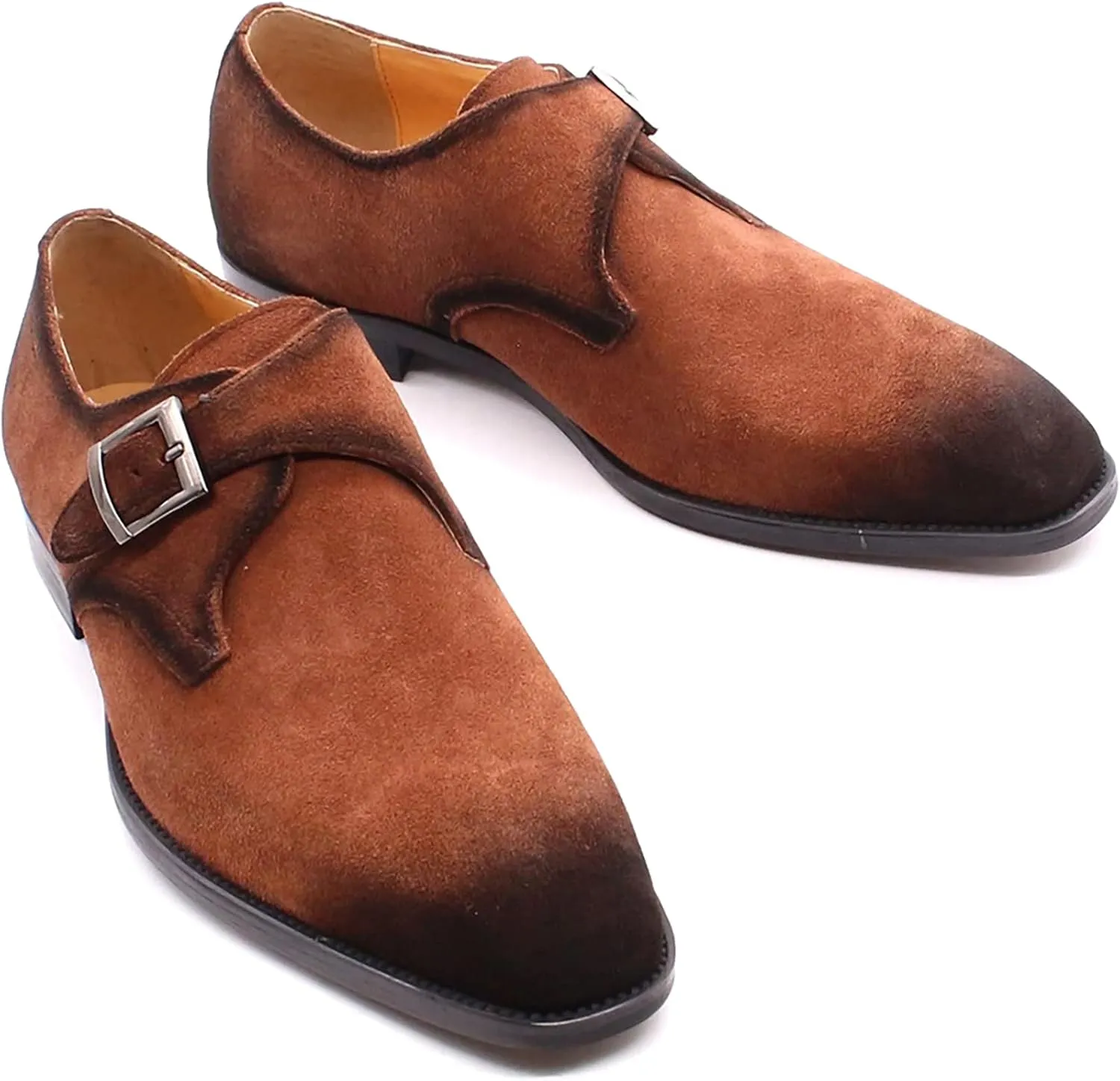 Mens Genuine Leather Monk Shoes Black Business Casual Shoes Classic Vintage Brown Loafers Handmade,Brown-47