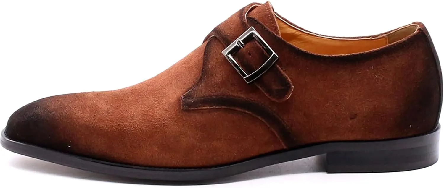 Mens Genuine Leather Monk Shoes Black Business Casual Shoes Classic Vintage Brown Loafers Handmade,Brown-47