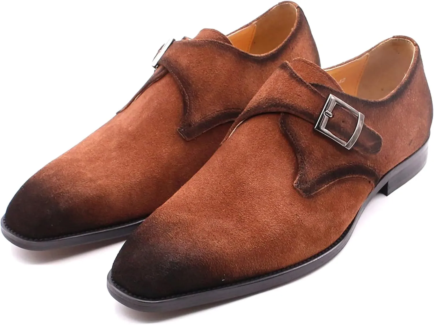 Mens Genuine Leather Monk Shoes Black Business Casual Shoes Classic Vintage Brown Loafers Handmade,Brown-47