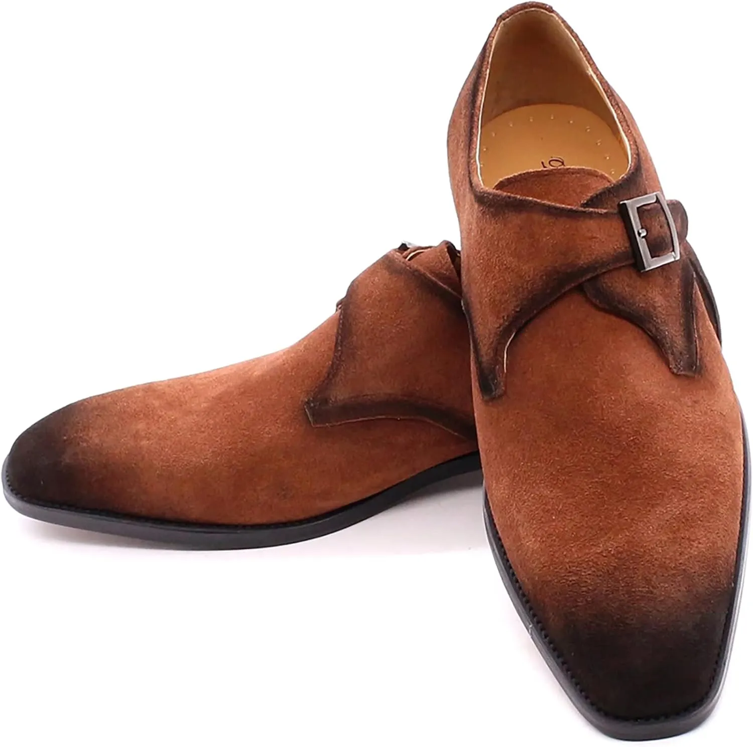 Mens Genuine Leather Monk Shoes Black Business Casual Shoes Classic Vintage Brown Loafers Handmade,Brown-47