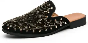 Men's Leather Smoking Slippers Spikes Rivets Velvet Slip On Loafers Fashion Backless Mule Clogs Anti-Slip Sandals Slides for Men and Women Designer Luxury Dress Wedding Party Prom Shoes