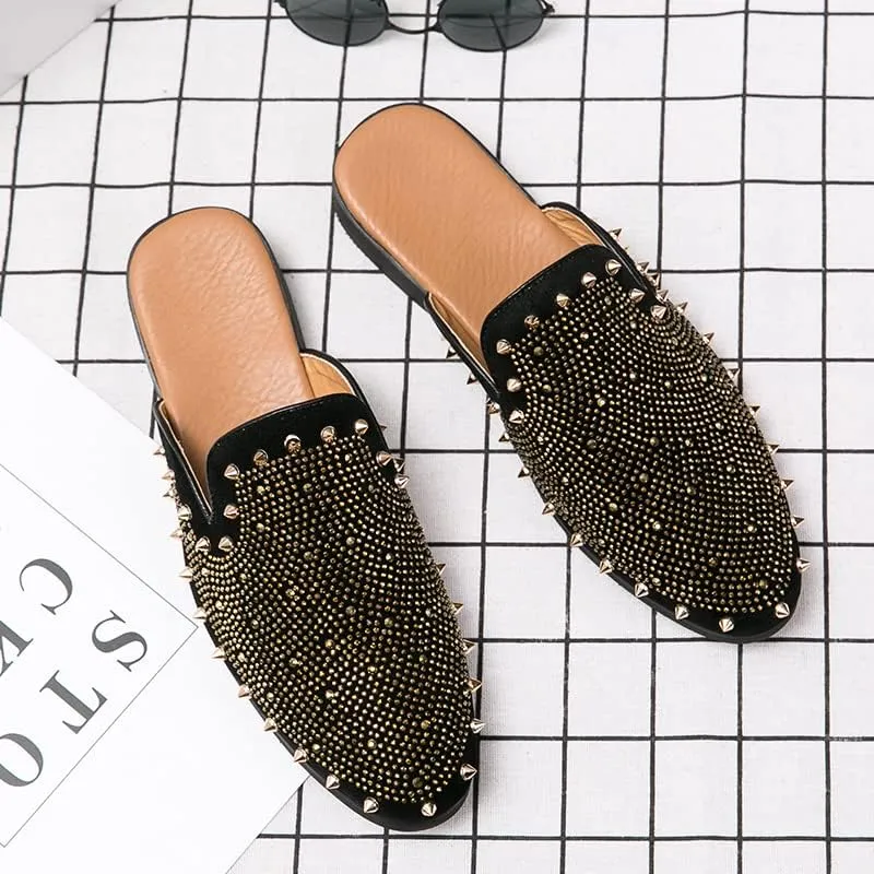 Men's Leather Smoking Slippers Spikes Rivets Velvet Slip On Loafers Fashion Backless Mule Clogs Anti-Slip Sandals Slides for Men and Women Designer Luxury Dress Wedding Party Prom Shoes